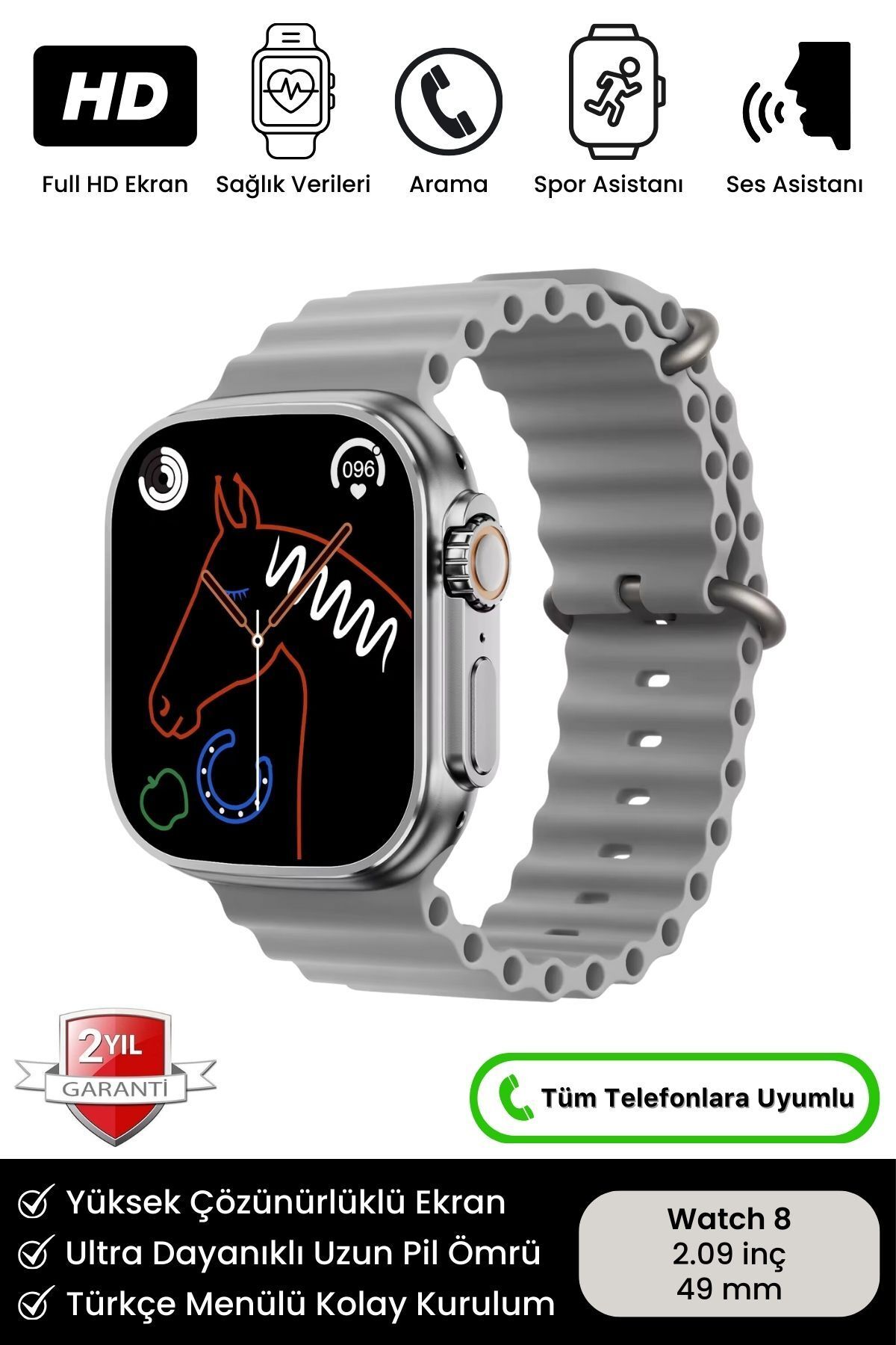 Watch 8 Ultra IOS Android Uyumlu 2.09 İnç Çift Kordonlu Spor ve Sağlık Sensörlü Akıllı Saat