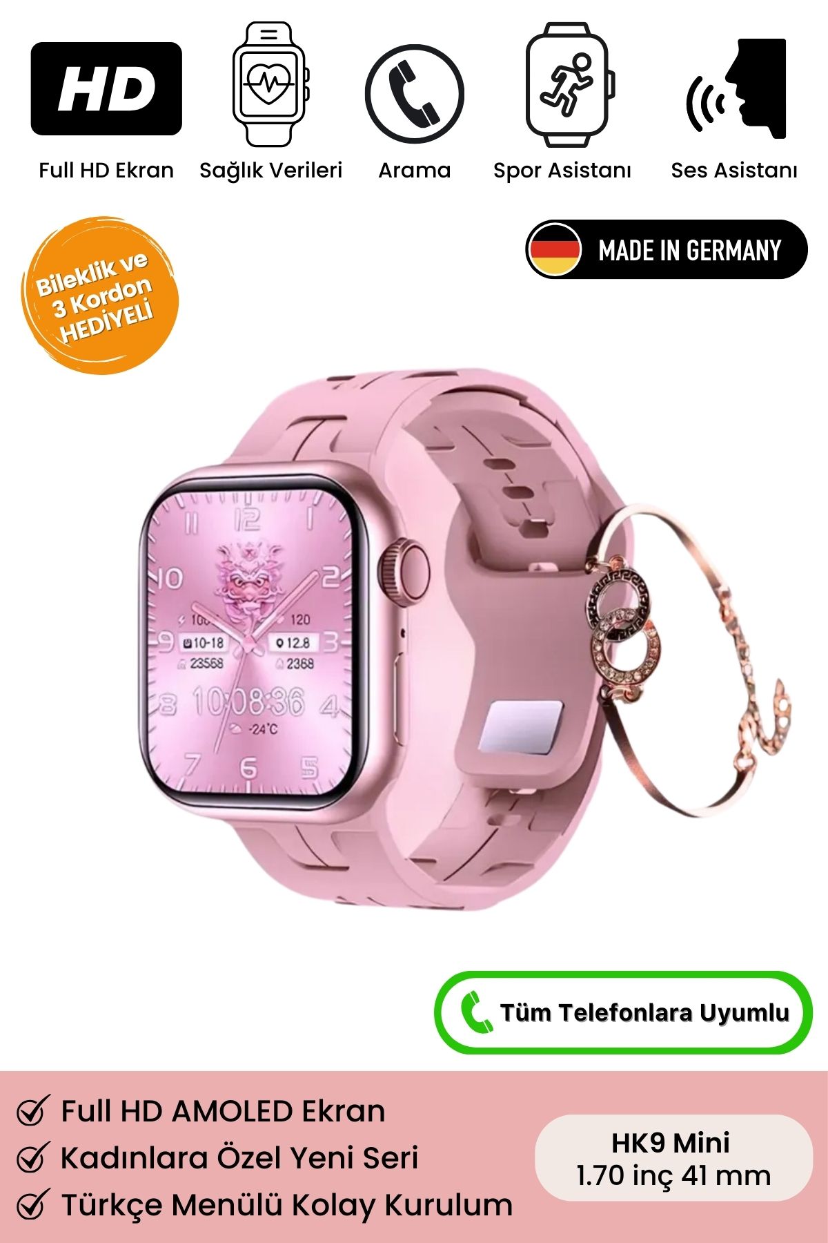 Kadınlara Özel HK9 Mini Premium Türkçe Menü Kolay Kullanım iOS Android Uyumlu Kadın Akıllı Saat