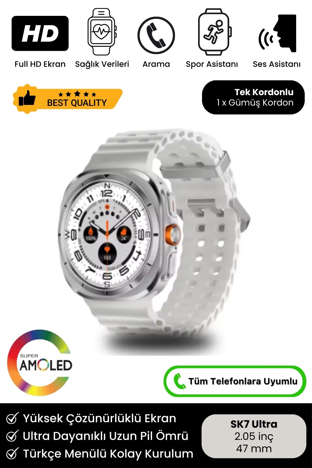 Yeni Nesil Premium Amoled Ekran Full Hd Spor Sağlık Sensör Ios Android Uyumlu Sk7 Ultra Akıllı Saat